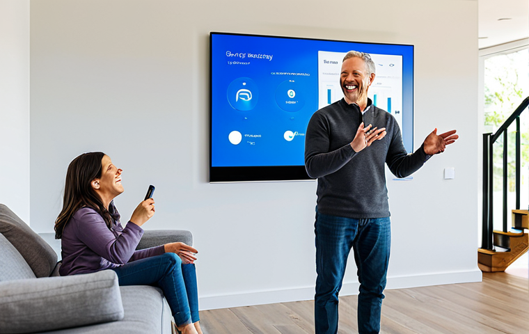 A happy, diverse family, including a mother, father, and a child, are gathered in a modern, brightly lit home, looking at a sleek, wall-mounted home energy storage system. The system has a small digital display showing energy flow. They are all fully clothed in comfortable, modest home attire, smiling, representing energy independence and security. The child points enthusiastically. The setting is clean and contemporary. Safe for work, appropriate content, family-friendly, perfect anatomy, correct proportions, natural pose, well-formed hands, proper finger count, natural body proportions, professional photography, high quality.