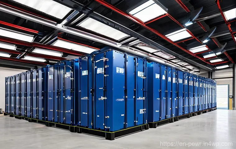 ESS의 안전성 검토 및 인증 기준 - **Prompt:** A wide, clean, and meticulously organized indoor energy storage system (ESS) facility. T...