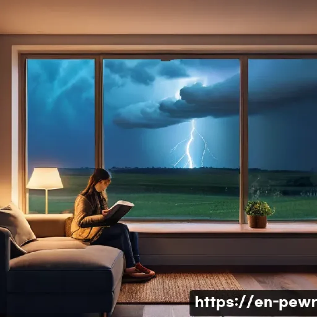 가정용 ESS 설치 과정 및 비용 - **Prompt:** A cozy, modern living room at night. Outside the large window, a severe thunderstorm rag...