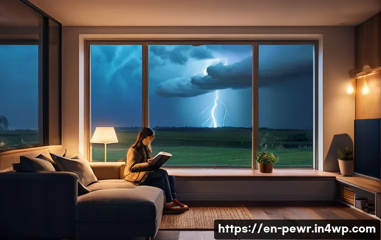 가정용 ESS 설치 과정 및 비용 - **Prompt:** A cozy, modern living room at night. Outside the large window, a severe thunderstorm rag...