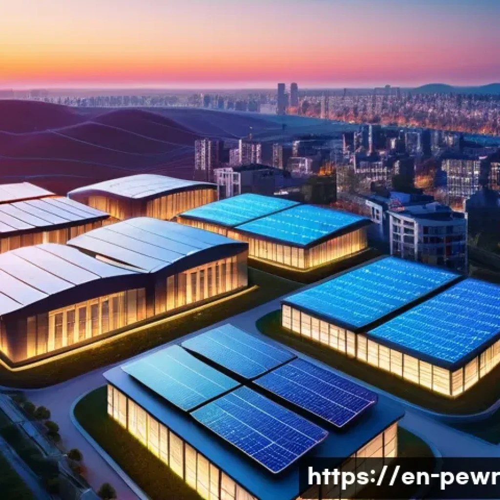 에너지저장장치의 정책 및 규제 동향 - **Prompt:** A vibrant, futuristic city skyline at sunset, where sleek, modern buildings are adorned ...