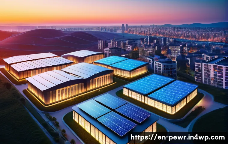 에너지저장장치의 정책 및 규제 동향 - **Prompt:** A vibrant, futuristic city skyline at sunset, where sleek, modern buildings are adorned ...