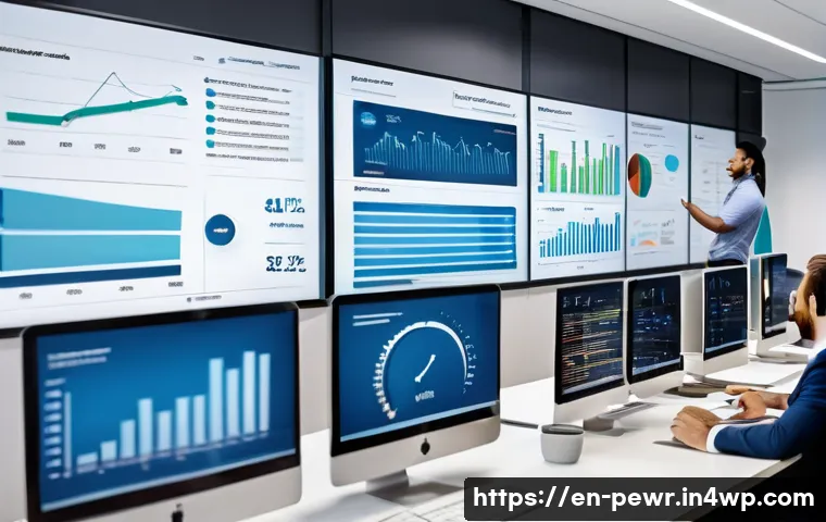 ESS의 데이터 분석 및 활용 사례 - A modern corporate office environment showing a diverse team of professionals collaboratively analyz...