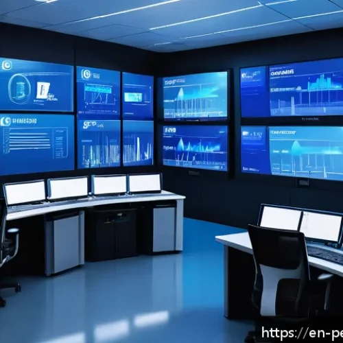 ESS의 운영 비용 절감 방안 - A high-tech energy storage control room featuring multiple large digital dashboards displaying real-...