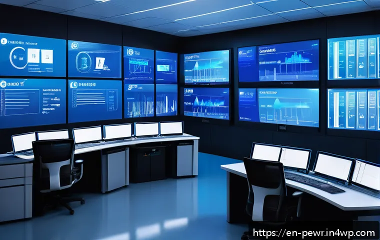 ESS의 운영 비용 절감 방안 - A high-tech energy storage control room featuring multiple large digital dashboards displaying real-...
